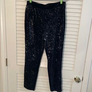 Chico’s Ponte Pull On Black Sequined Front Leggings